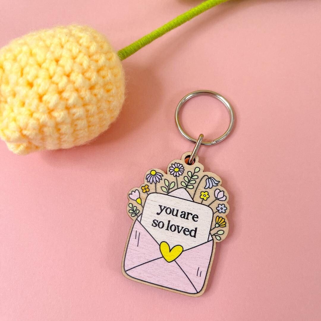 Key Ring Sentiment You Are so Loved Wooden Keyring - Sentiment Gift, Letterbox Gift, Gifts ...