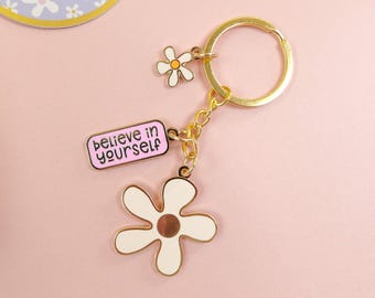 Believe in Yourself Gold Enamel Keyring - boho floral charm keychain with positive quote, self-confidence boost, mental health gift