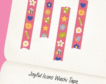 Joyful Icons Raspberry Vertical Washi Tape - Pink Doodle Journaling Tape