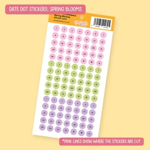 May include: A sheet of circular date dot stickers titled Spring Blooms. The stickers are arranged in rows of pink, green, and purple, featuring numbers 1 through 31, plus heart, star, and sparkle icons. The brand name Sunshine Lane is printed at the top.