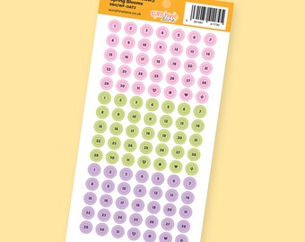 Date Dots 1-31 Sticker Sheet -  Numbered Planner Dots for Undated Diaries - Spring blooms