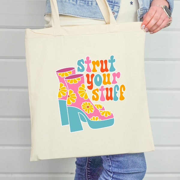 Strut Your Stuff Tote Bag - retro shopping bag, groovy pink and blue ankle boots with yellow boho floral pattern, funky fashion shopper