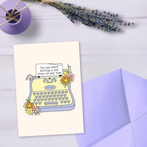 Grußkarte - Vintage Schreibmaschine mit Blumenmuster, Karte für neues Kapitel, Karte für psychische Gesundheit, schwierige Zeiten, Grußkarte