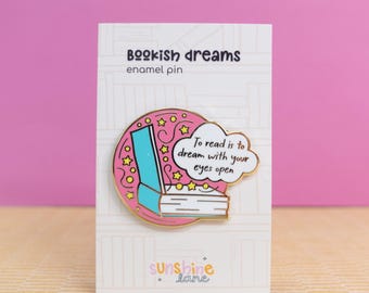 Bookish Dreams gold enamel pin - pink dreamy sky celestial pin with reading quote, bookish pin, letterbox gift, gift for book lovers