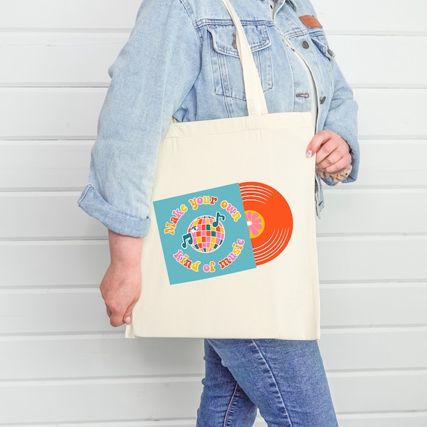 Créez votre propre type de sac fourre-tout - sac à provisions rétro pour disques vinyle, pochette de disque colorée avec motif boule disco, soyez vous, amour de soi