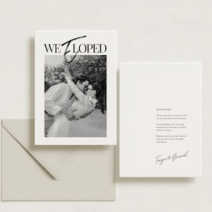 Cartão postal We Eloped com foto • Cartão de fuga • Cartão de anúncio de casamento • Convite de casamento minimalista • Modelo Canva • Download instantâneo