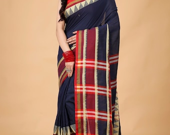 Bengal's Handloom Cotton Saree-Madhubani Saree With Blouse Piece-Navy Blue Colour-Traditional Saree-Gift For Her