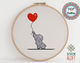 PDF Pattern: Cute Elephant and Balloon Nursery Cross Stitch