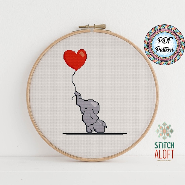 PDF Pattern: Cute Elephant and Balloon Nursery Cross Stitch