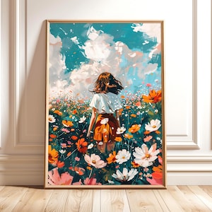 Meisje in bloemenveld kunst aan de muur | Kleurrijke poster wilde bloemen: afdrukbare kunst voor de slaapkamer