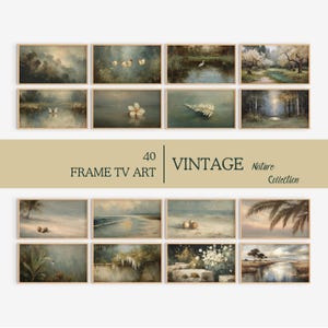 Peut inclure: Une collection de 12 tirages d'art vintage encadrés représentant des scènes de la nature. Les tirages représentent des paysages avec des arbres, de l'eau et de la faune, dans une palette de couleurs sourdes. Le texte "40 FRAME TV ART" et "VINTAGE Nature Collection" est affiché.