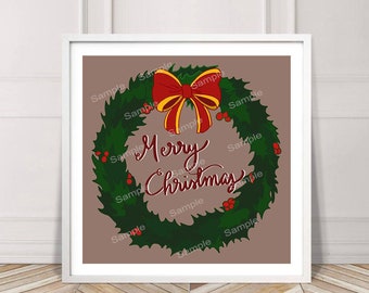 Christmas Wreath Print, Printable from Original Digital Painting, Instant Download
