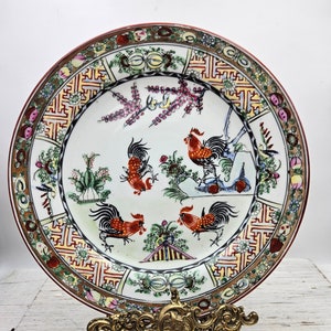 Vintage ~ 10&quot; Chinees bord rode haan, groot bord Chinees porselein, Aziatisch bord, Aziatisch keukengerei, Chinees bord rode haan