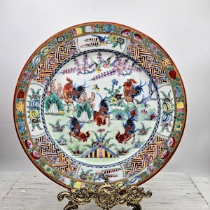 Vintage Chinese 10,2&quot; big plate with red roosters, Chinese plate, Hand-painted China plates, Oriental Decor plates, unique Gift China,
