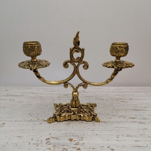Very Antique 2 Candles Candle Holder, Candlestick with Square Base,2 candles Candelabra,Carved Brass Candlestick