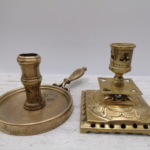 Antique Brass Candle Holder, Candlestick with Round Base, Candle Holder with handle,Carved  Brass Candlestick, Decoration Candelabra