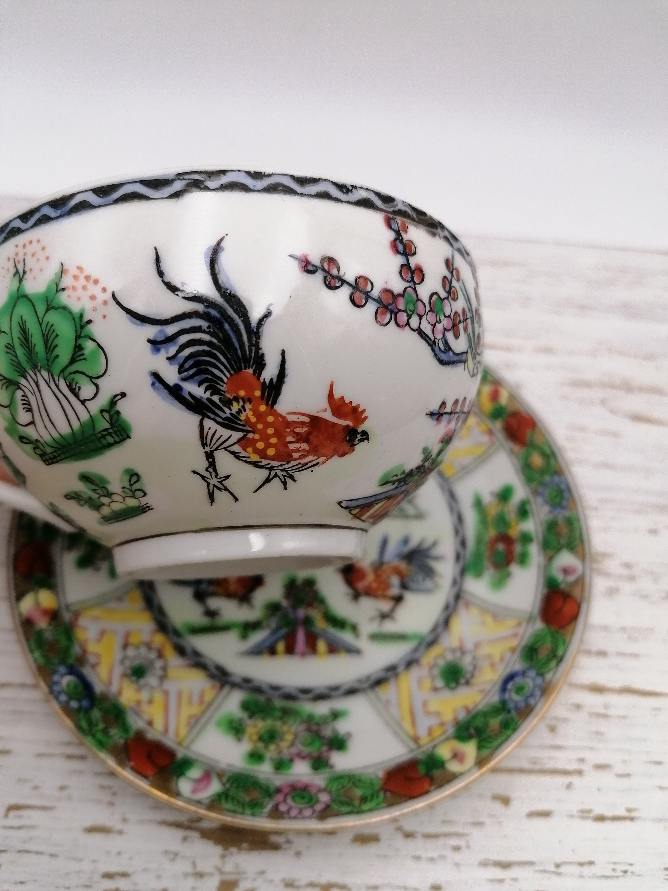 Set of Tea Cup With Saucer Red Rooster Tea Set Chinese Etsy