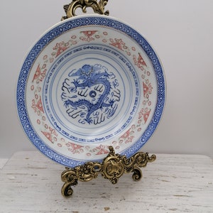 Vintage Chinese 8&quot;big plate, Oriental Decor plate, blue and white Chinese plate,Big plate Chinese, Rare Colllectible plate,blue dragon China