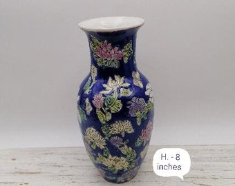 Porcelain Chinese Macao Vase, Blue Flower Decor Vase, Hand Painted Vase