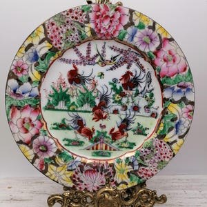 Chinese 9&quot;Red Rooster Plate, Hand-painted Plate, Asian Red Rooster Decor Plate, Asian Kitchenware, red rooster and thousand flowers plate