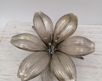 70th Silver Color Brass Ashtray, Carved Petal Flower Ashtray