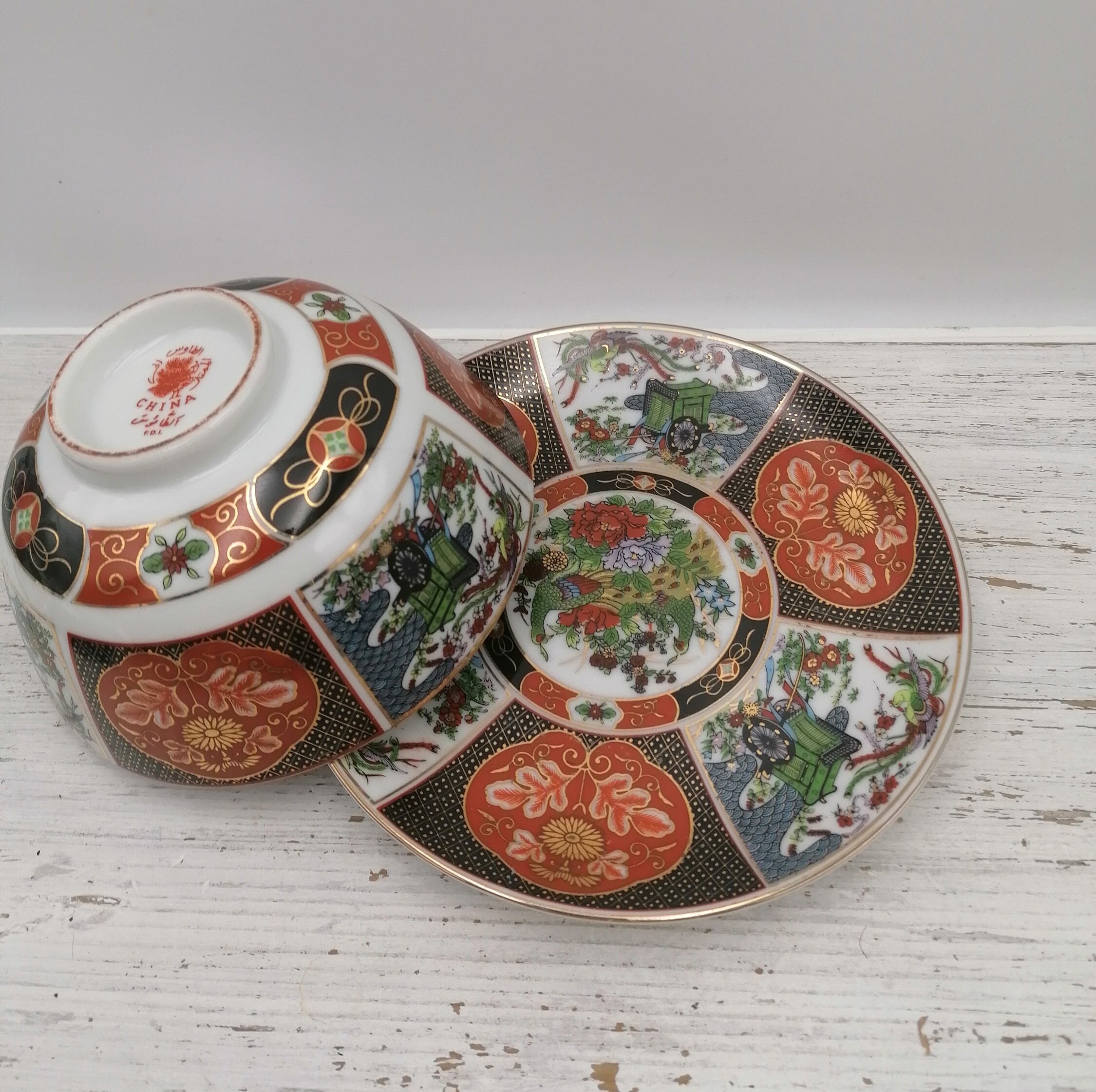 Vintage  Chinese Bowl with  Plate,Oriental Soup/Rice Bowl, Asian Kitchenware,Oriental Decor bowl with plate, Asian Bowl porcelain with plate