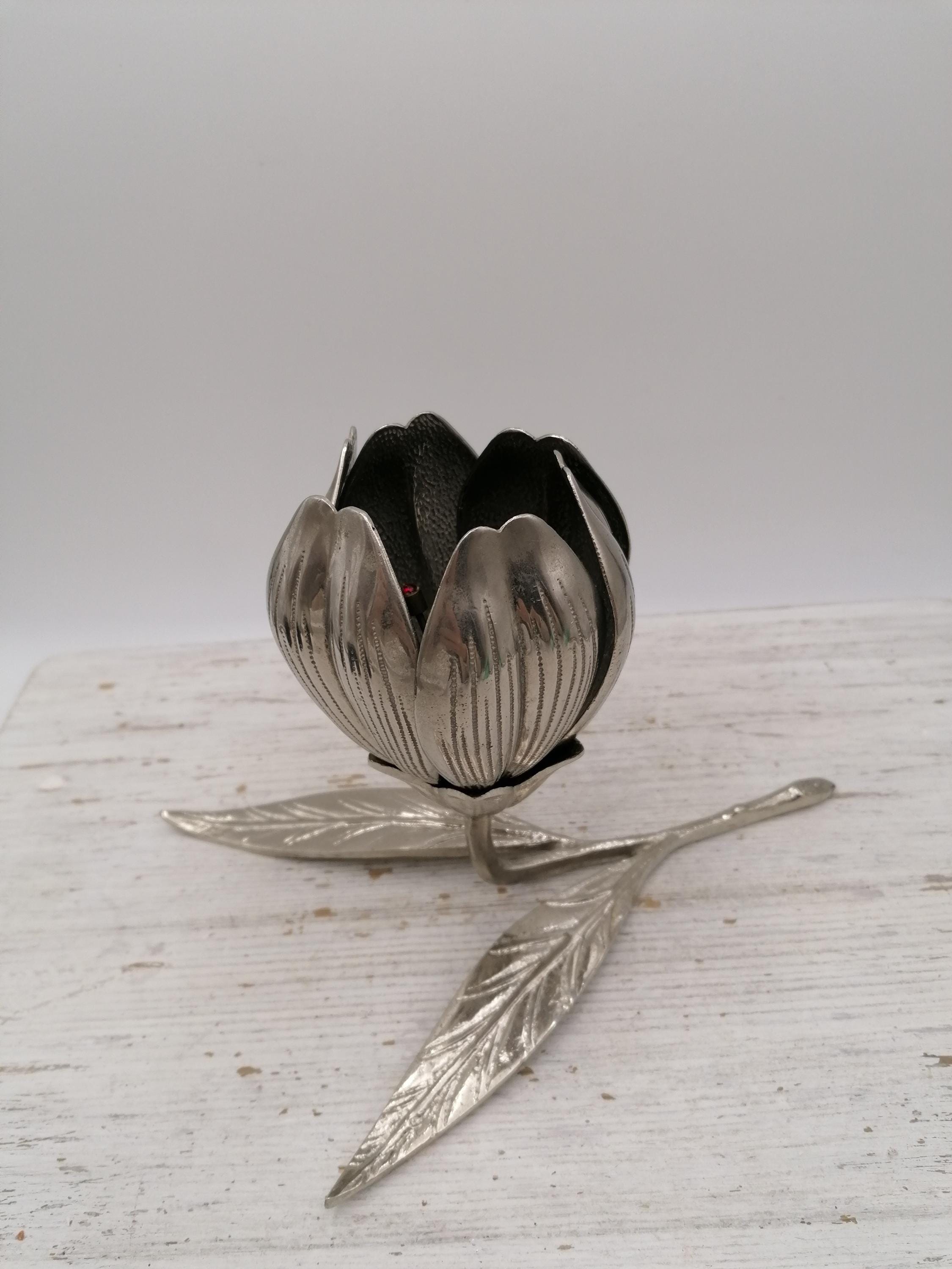 80th White Brass Ashtray, Carved Petal Flower Ashtray, Removable