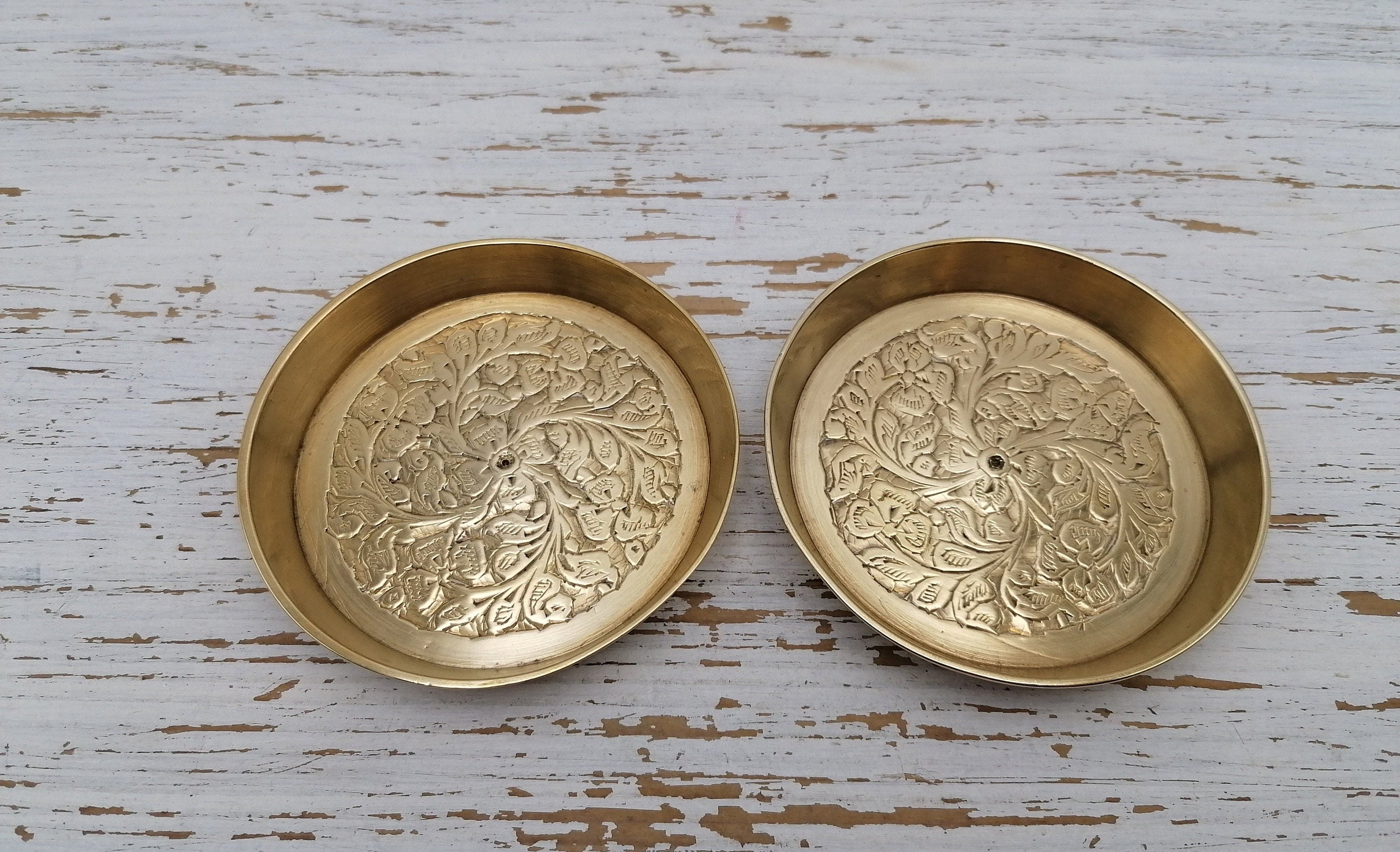 Set of 2 Carved Brass Indian Plates set Brass Trincket Etsy