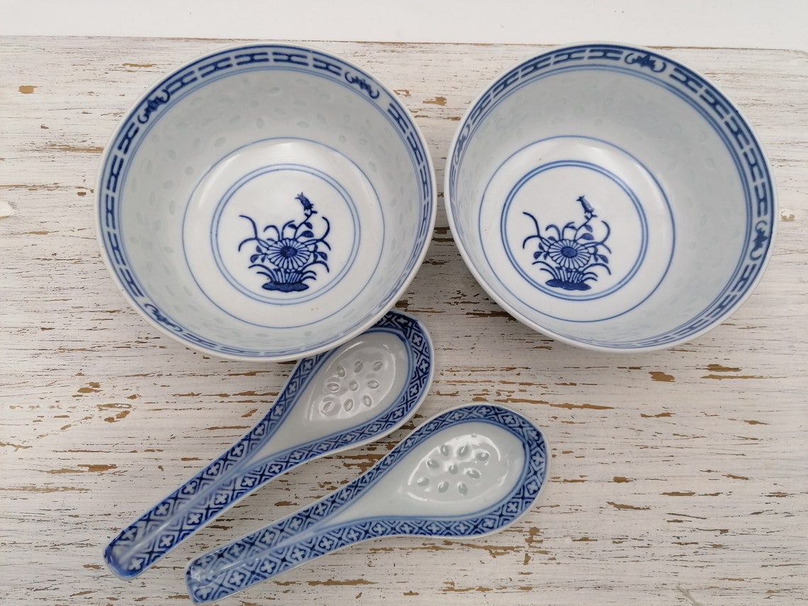 Set of 2 Chinese Soup Bowl and Spoons Blue Cinese Noodle Soup Etsy