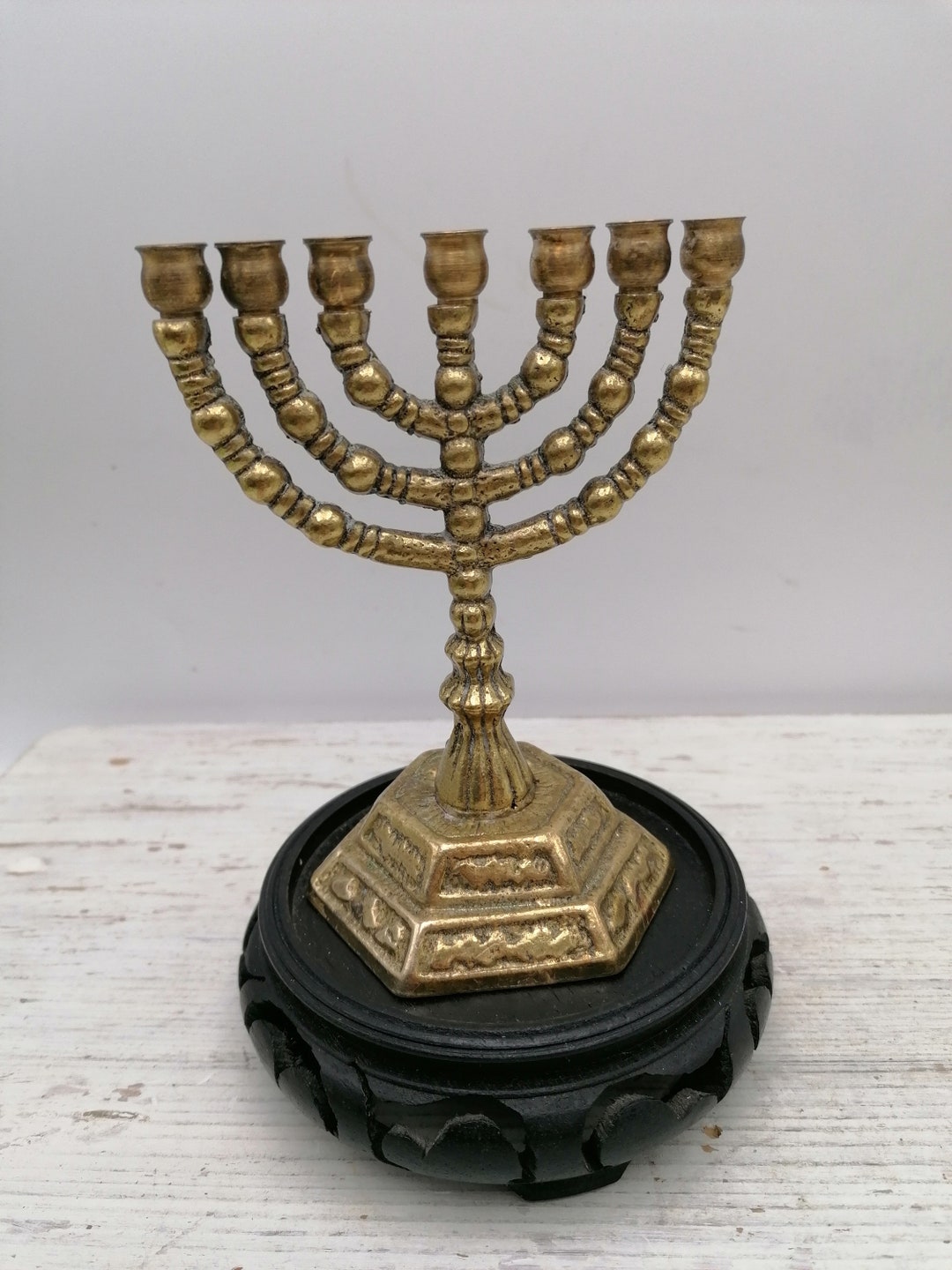 Very Antique Brass Menorah Candlestick,brass 7 Candles Menorah , Round Base Small Menorah