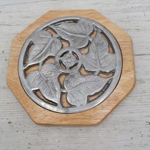 Wooden octagonal base for hot with metal decor, Leaf decor metal base for hot pot, metal and wooden base for hot pot, retro kitchen decor
