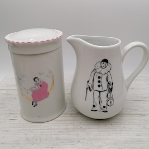 Vintage Porcelain  Pierrot decor Vase,White Milk Jar with Pierrot , Pierrot Decor Box with Lid, Rare Pierrot Jar, Collectible Gift Pierrot