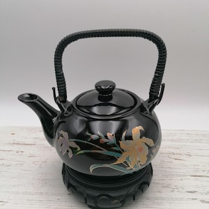 Vintage black Porcelain Tea Pot,black Tea Pot with flowers , Oriental Porcelain, Asian Kitchenware