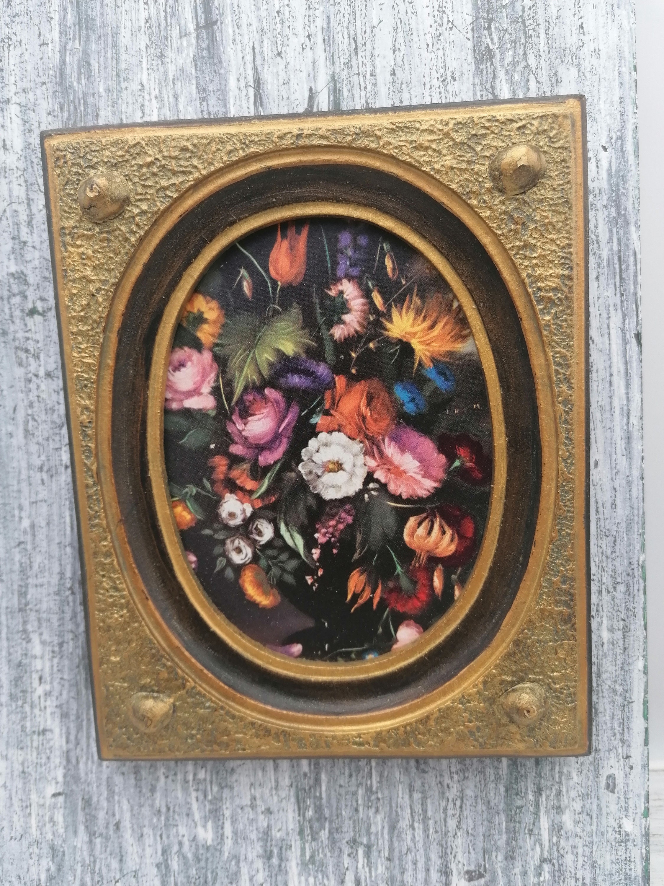 Vintage Wooden Frame with flowers print , Wall Hanging Frame,Frame with antique Image , Rare Colllectible frame ,antique images