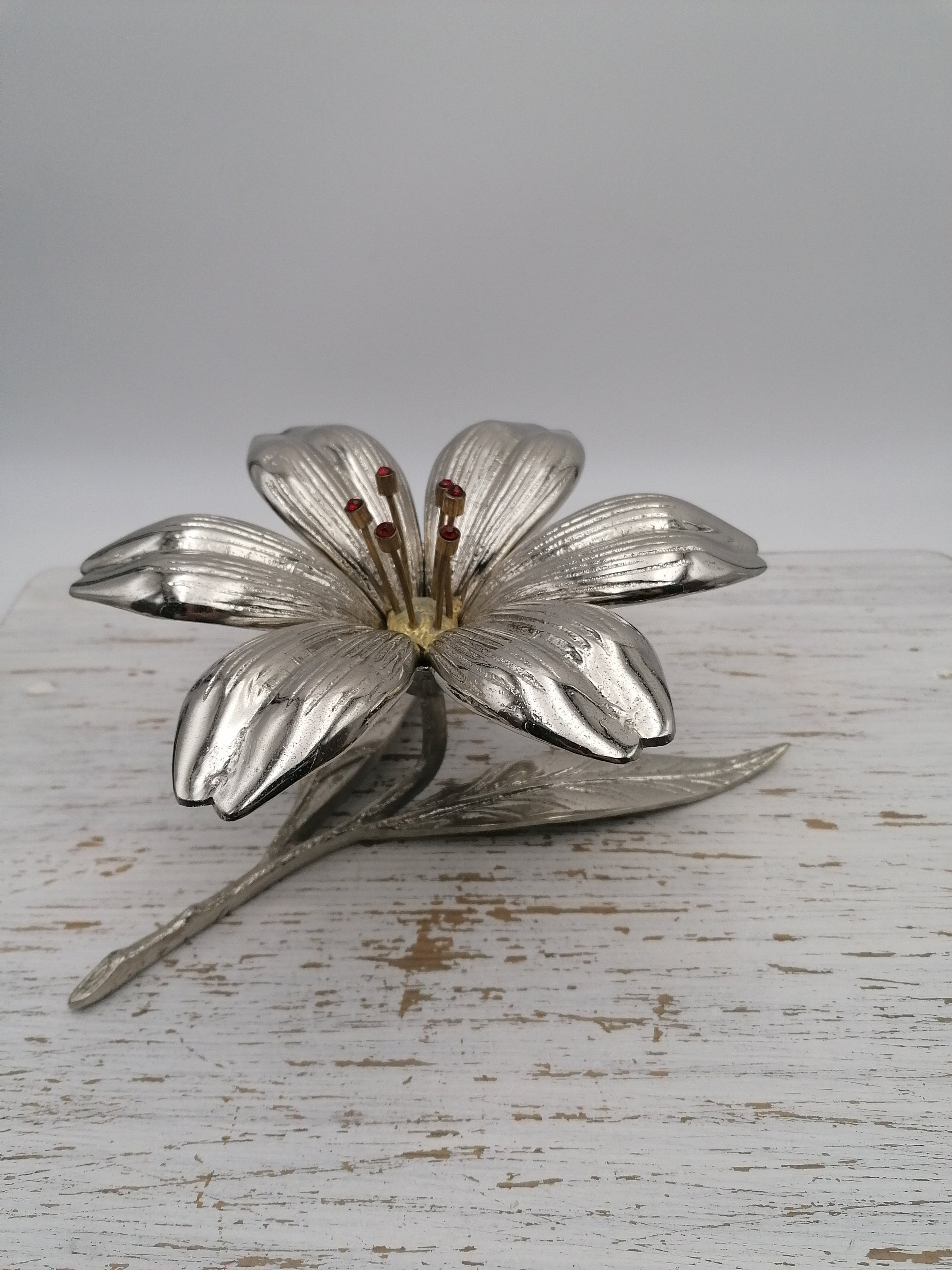 80th White Brass Ashtray, Carved Petal Flower Ashtray, Removable