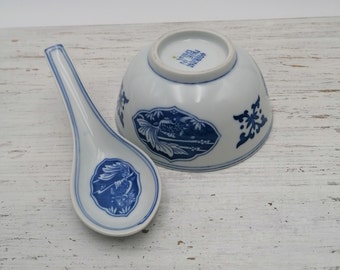 Vintage Set of Chinese Soup Bowl and Spoon,bowl Oriental Porcelain,Chinese bowl and Spoon,soup plate China and Spoon,bowl with fish