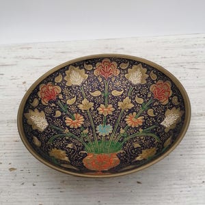 Vintage 5&quot; Brass Carved plate, Brass Enamel Bowl, Pedestal brass bowl with flowers,Collectible brass bowl, Nature/floral design brass bowl