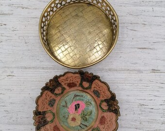 Vintage brass plate, red  and gold enamel colour plate,  brass bowl with enamel elements, red enamel plate/bowl, Round bowl with Carved edge