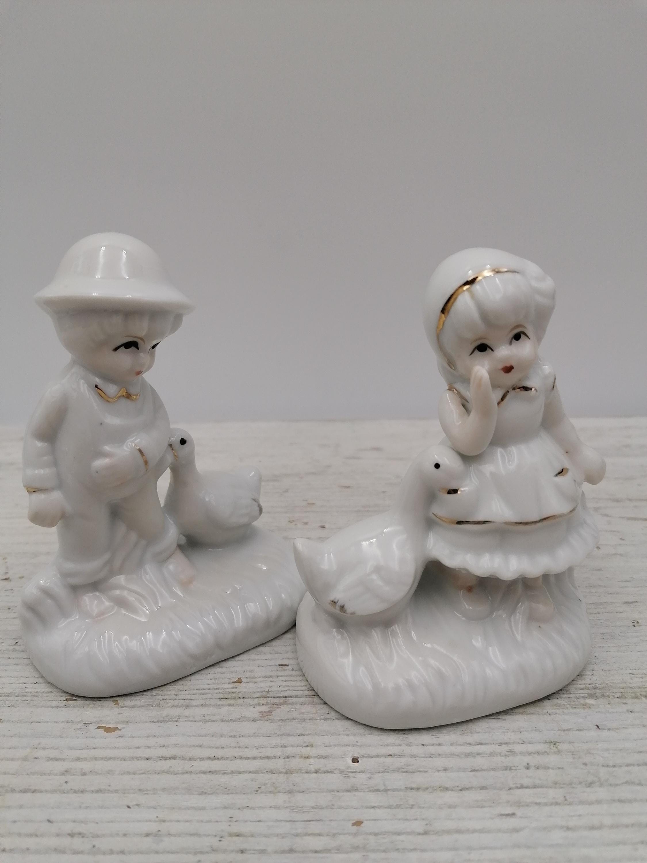Vintage Pair Porcelain Children Statue, Set of 2 White Girl and