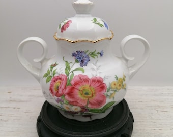 Porcelain Sugar Bowl,T. Limoges Lidded Sugar Bowl, Sugar Bowl with floral decor,Floral Decor Limoges