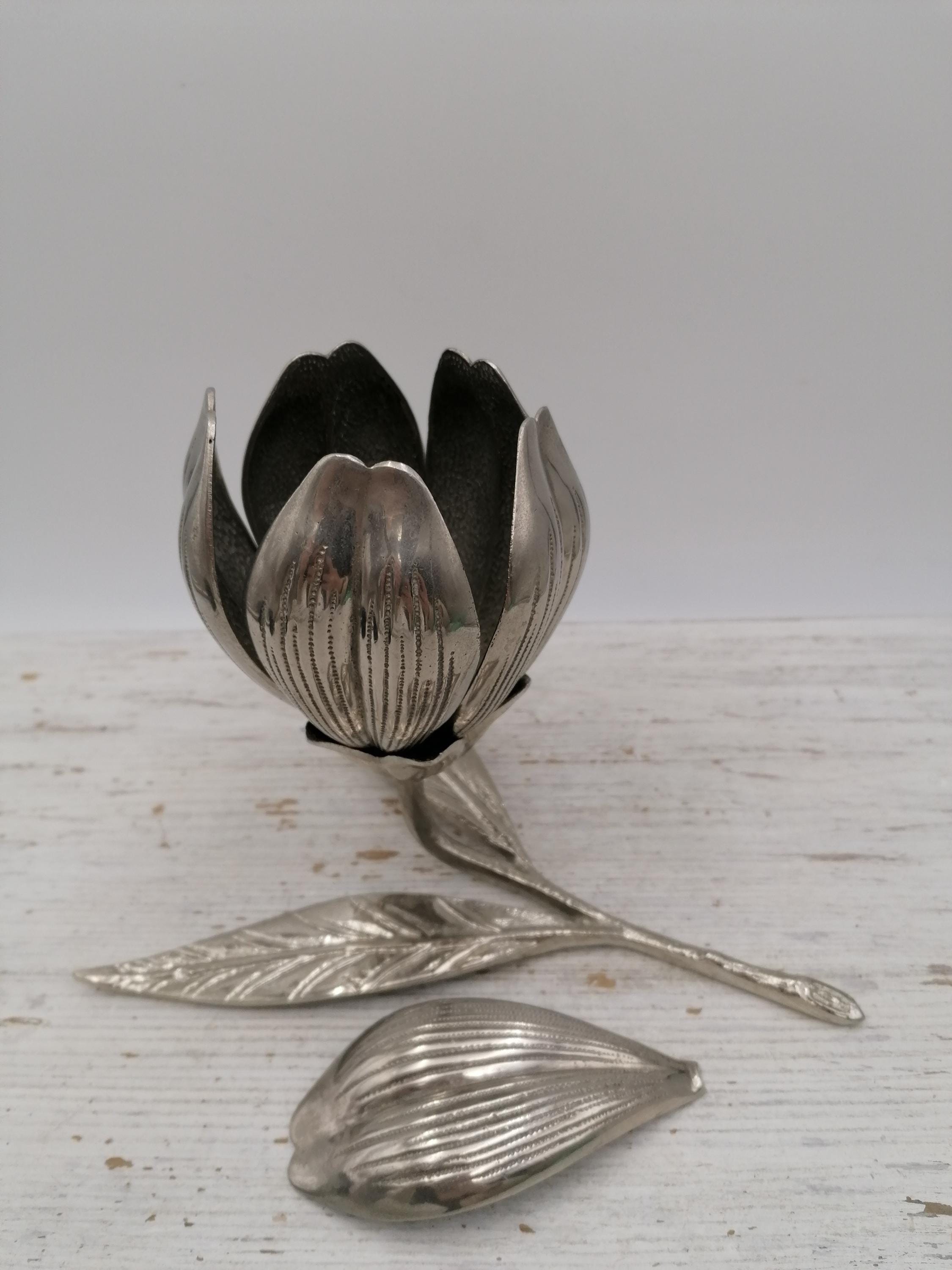 80th White Brass Ashtray, Carved Petal Flower Ashtray, Removable
