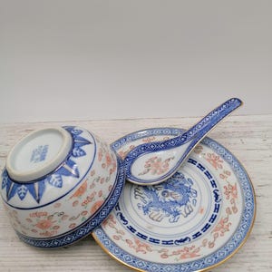 Set of Blue and White Dragon bowl, plate and spoon, Chinese Blue bowl ,Asian dragon decor plTe, Oriental Set of Rice Spoon, bowl, plate