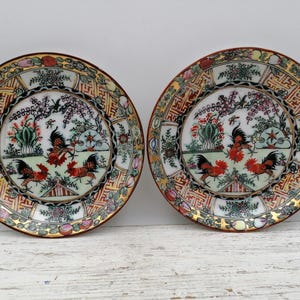 Vintage 5.4&quot;Chinese Red Rosster Decor Set plates, Hand-painted Asian Plates , Red Rooster Painted Plates, Asian Kitchenware, red rooster