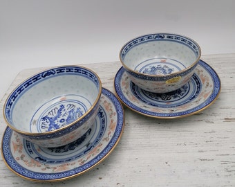 Vintage Blue Dragon Rice Eye Porcelain Bowl, Chinese Dishware