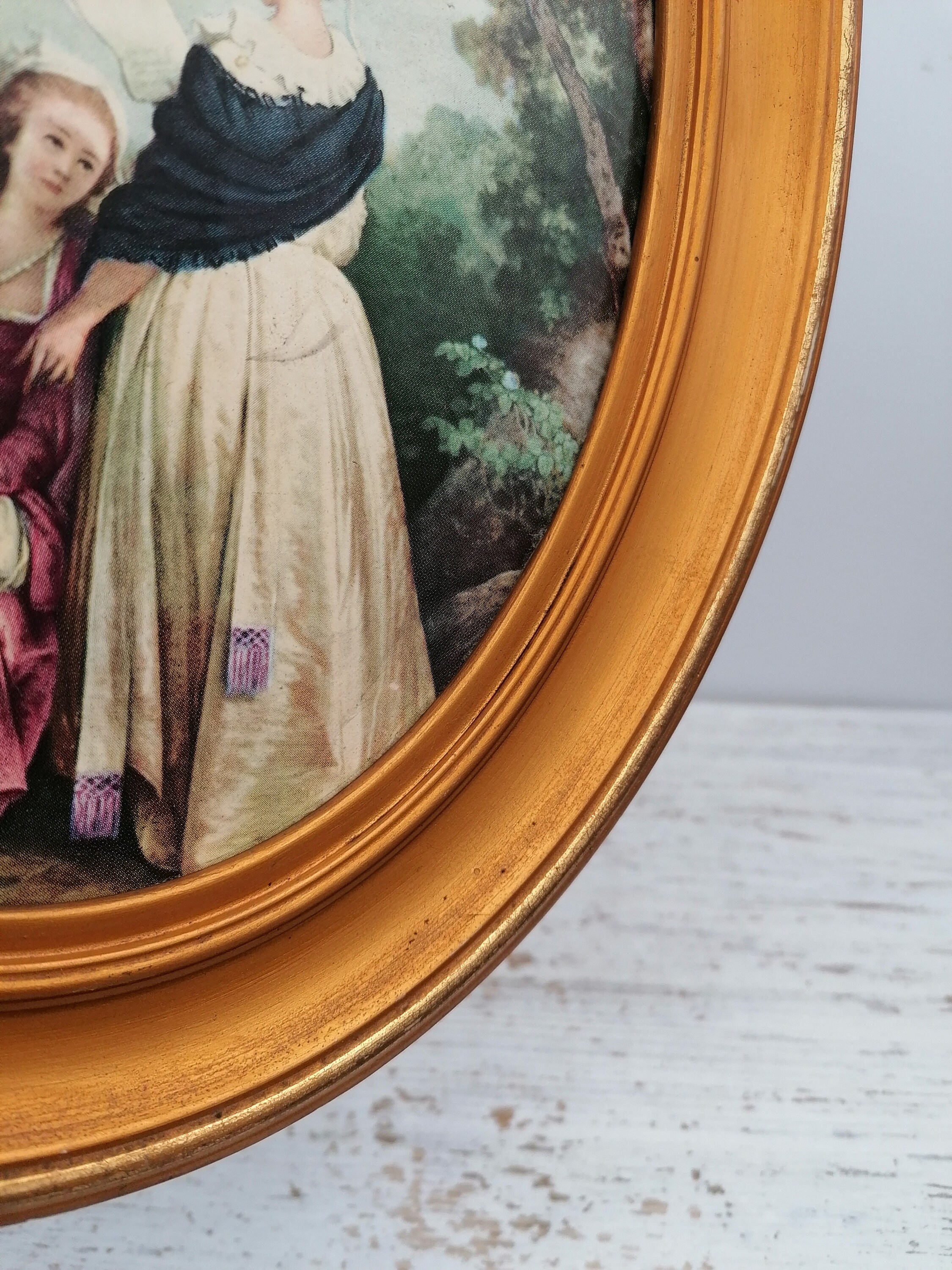 木製ベースのアンティーク楕円形額縁、絵画木製フレーム、金色の