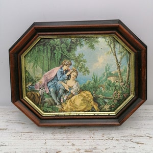 Vintage Painting at Silk in Frame, Vintage House Decor, Painting at Silk, Vintage Silk antique image in Frame, Romantic scene on silk