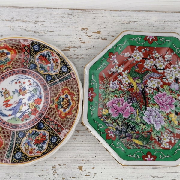 Set vintage giapponese di 2 piatti, piatti con uccelli Giappone, piatti con immagini di uccelli,Decorazioni piccoli piatti Giappone, regalo unico Giappone