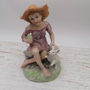 Vintage Ceramic Girl Figurine, Made in Japan,Girl Sculpture, Rabbit Statue, Village Children, Vintage Ceramic Gift
