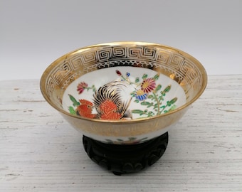 Vintage Chinese Deep soup bowl, bowl with rooster disign,Rooster Pattern Decorated Bowl,Plate with gold trim, Oriental dishes