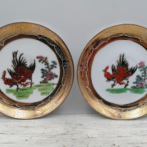 Chinese 6&quot; Porcelain pair Plates, Golden Red Rooster Decor Plate,Golden decor with rooster Plates,Rare Golden Plates, Oriental Decor plates